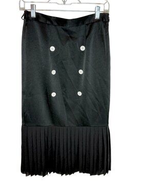 EDUN Black Midi Skirt Pleated Hem Contrast White Buttons - Size 4